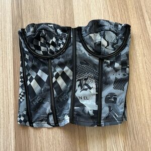 Mesh Black Grey Pattern 90s Style Grunge Corset Top